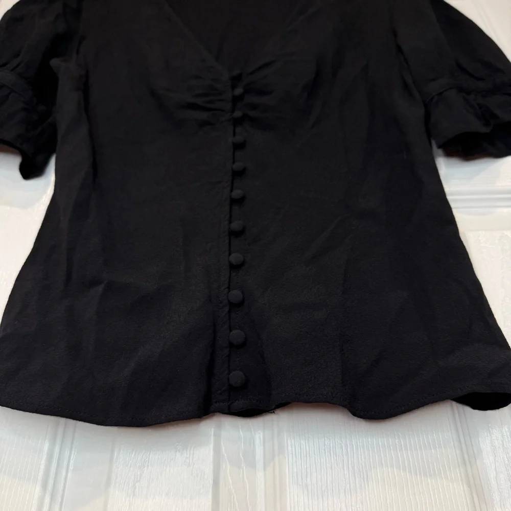 Madewell Black Fitted Button Down Blouse Ruffled Puff Sleeve Black Dressy Size 0